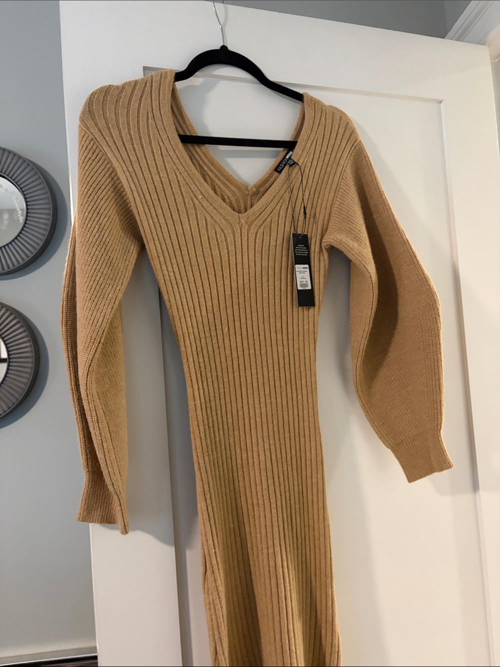FashionNova Bria Belted Dress mocha Elegant Tan Knit Dress size XS - Picture 13 of 16